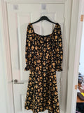 Shein women black floral print midi dress round neck A-line 3/4sleeve zip back casual L/12