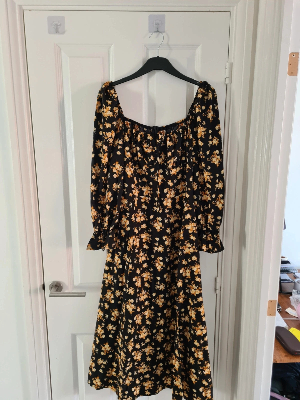 Shein women black floral print midi dress round neck A-line 3/4sleeve zip back casual L/12