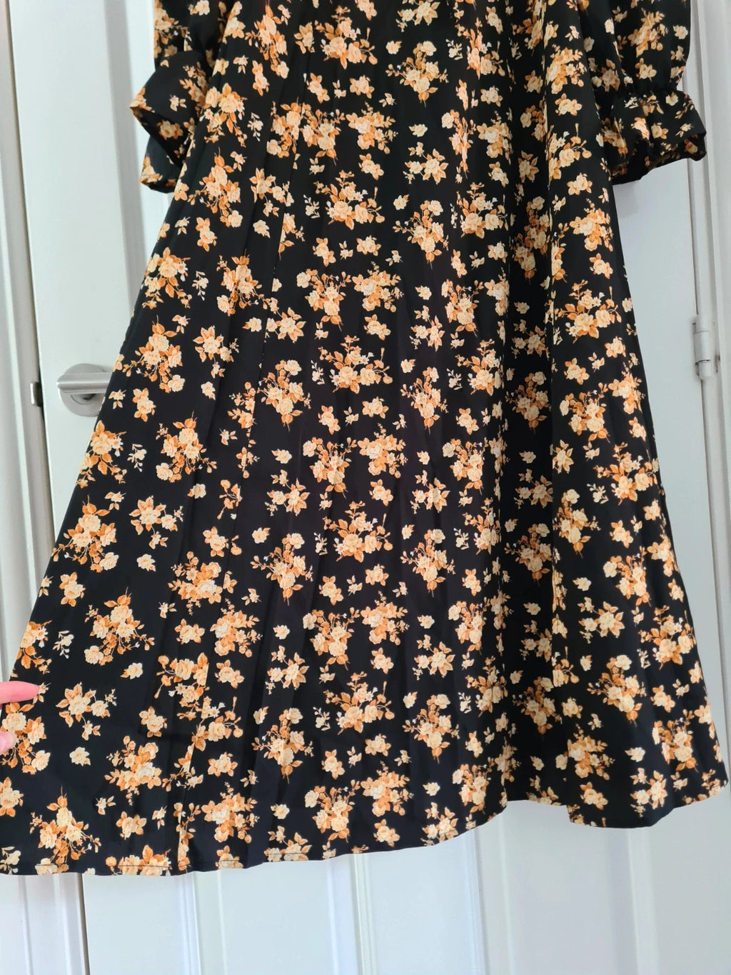 Shein women black floral print midi dress round neck A-line 3/4sleeve zip back casual L/12