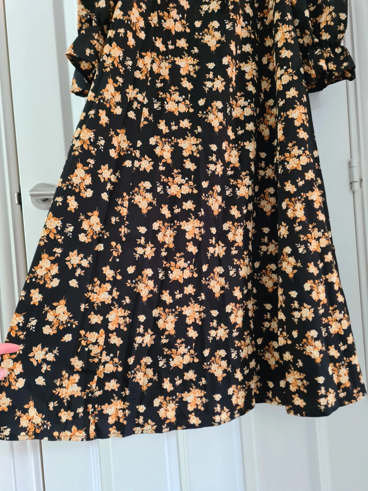 Shein women black floral print midi dress round neck A-line 3/4sleeve zip back casual L/12