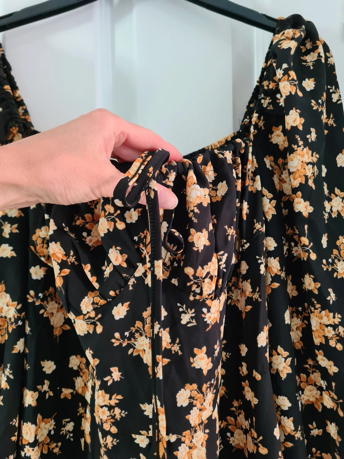 Shein women black floral print midi dress round neck A-line 3/4sleeve zip back casual L/12