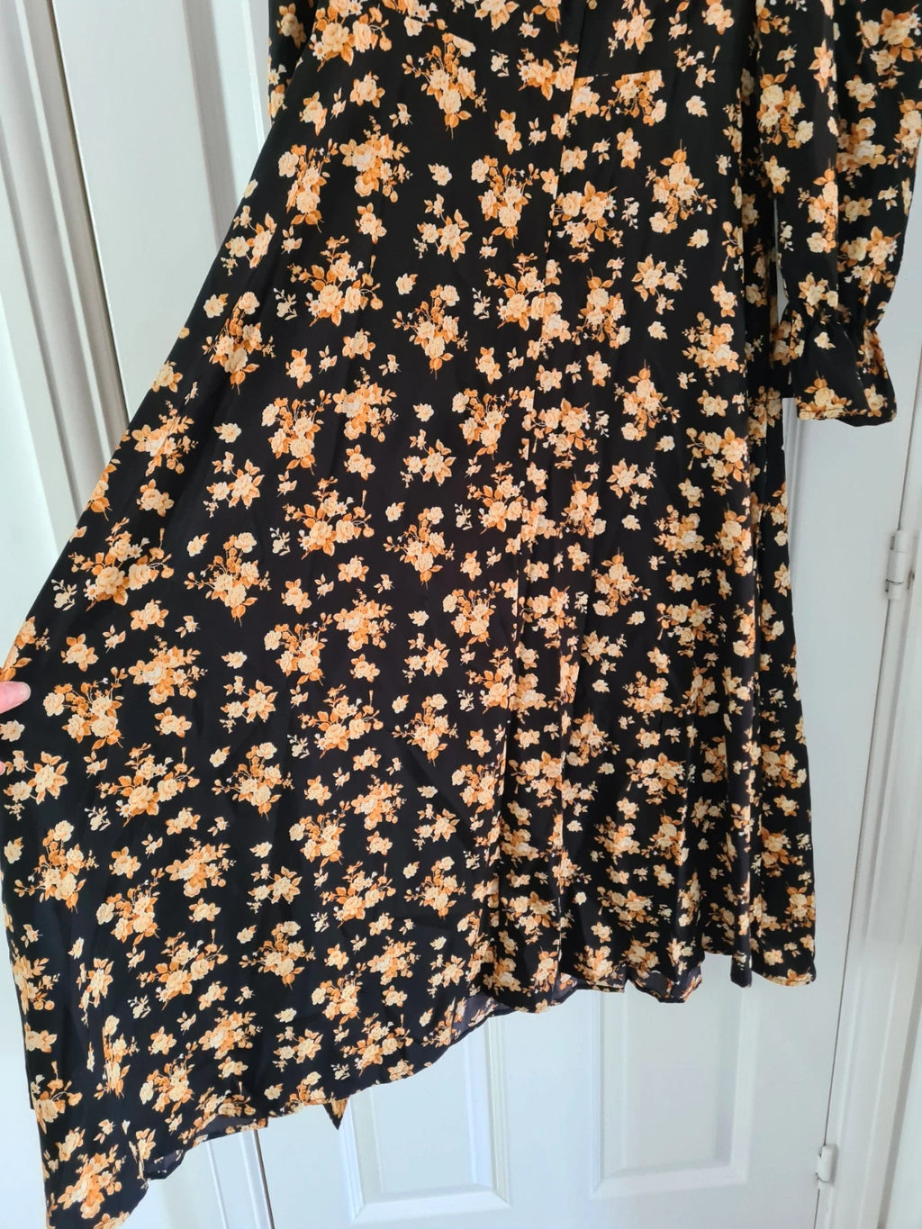 Shein women black floral print midi dress round neck A-line 3/4sleeve zip back casual L/12