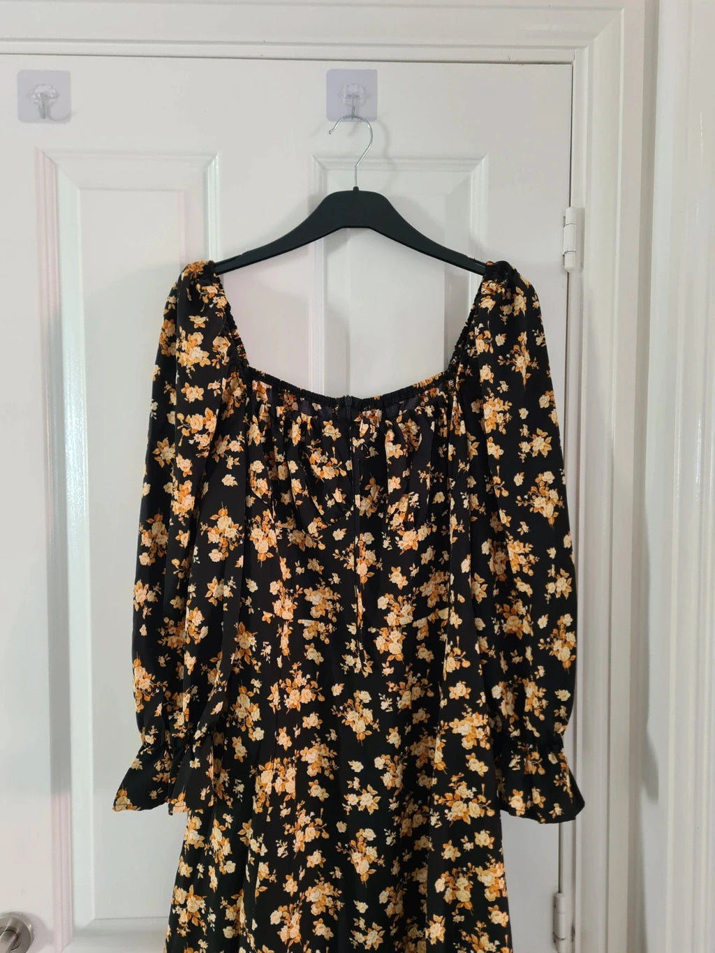 Shein women black floral print midi dress round neck A-line 3/4sleeve zip back casual L/12