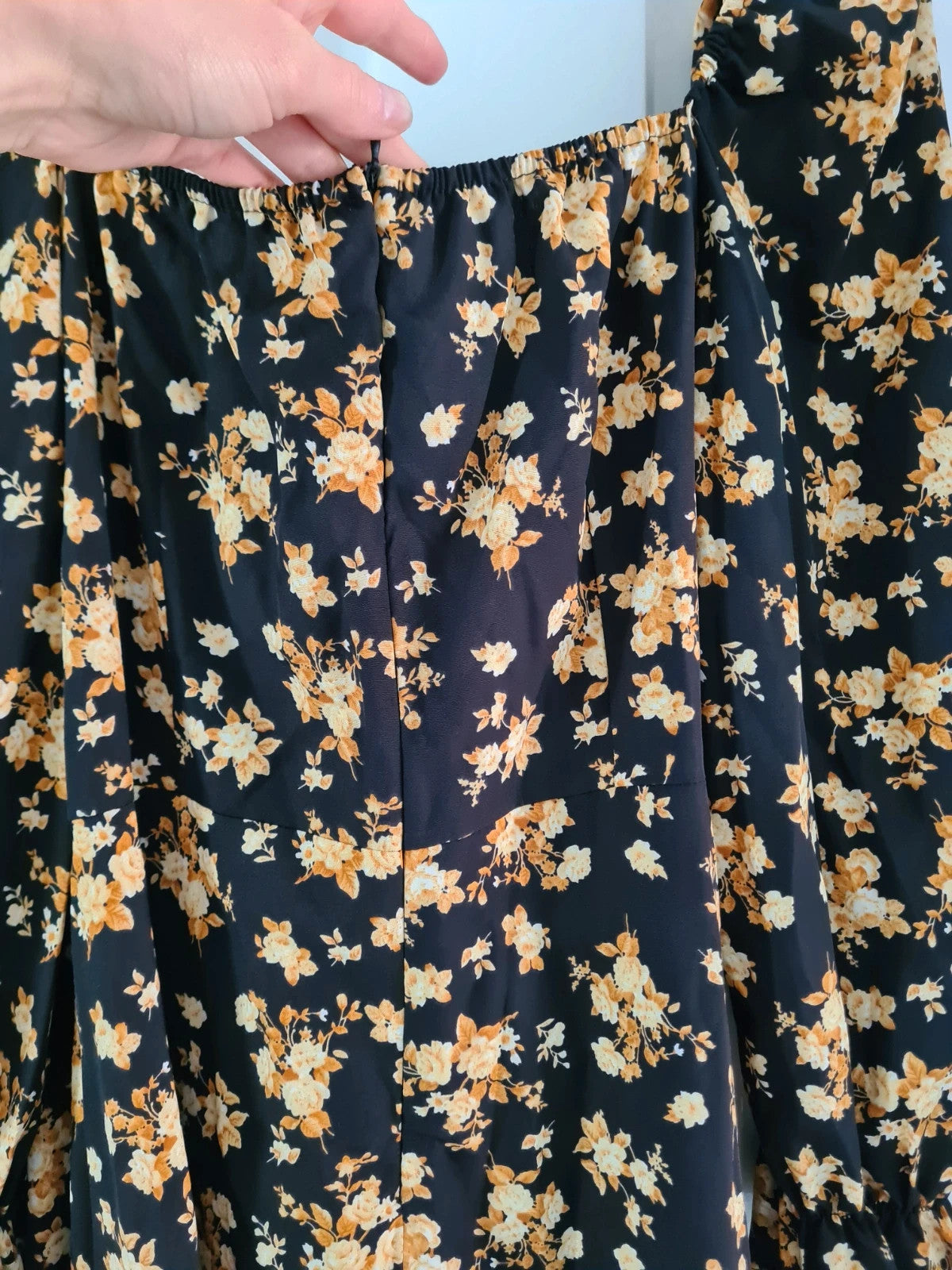 Shein women black floral print midi dress round neck A-line 3/4sleeve zip back casual L/12