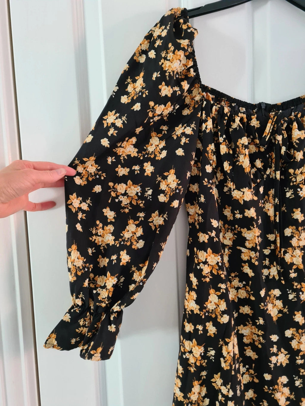 Shein women black floral print midi dress round neck A-line 3/4sleeve zip back casual L/12