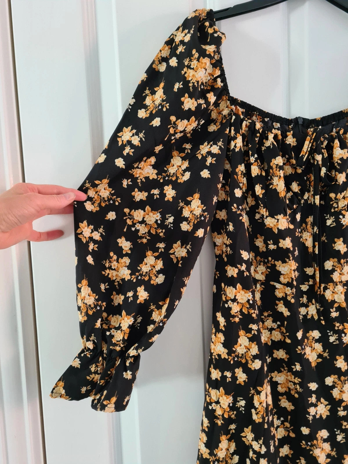 Shein women black floral print midi dress round neck A-line 3/4sleeve zip back casual L/12