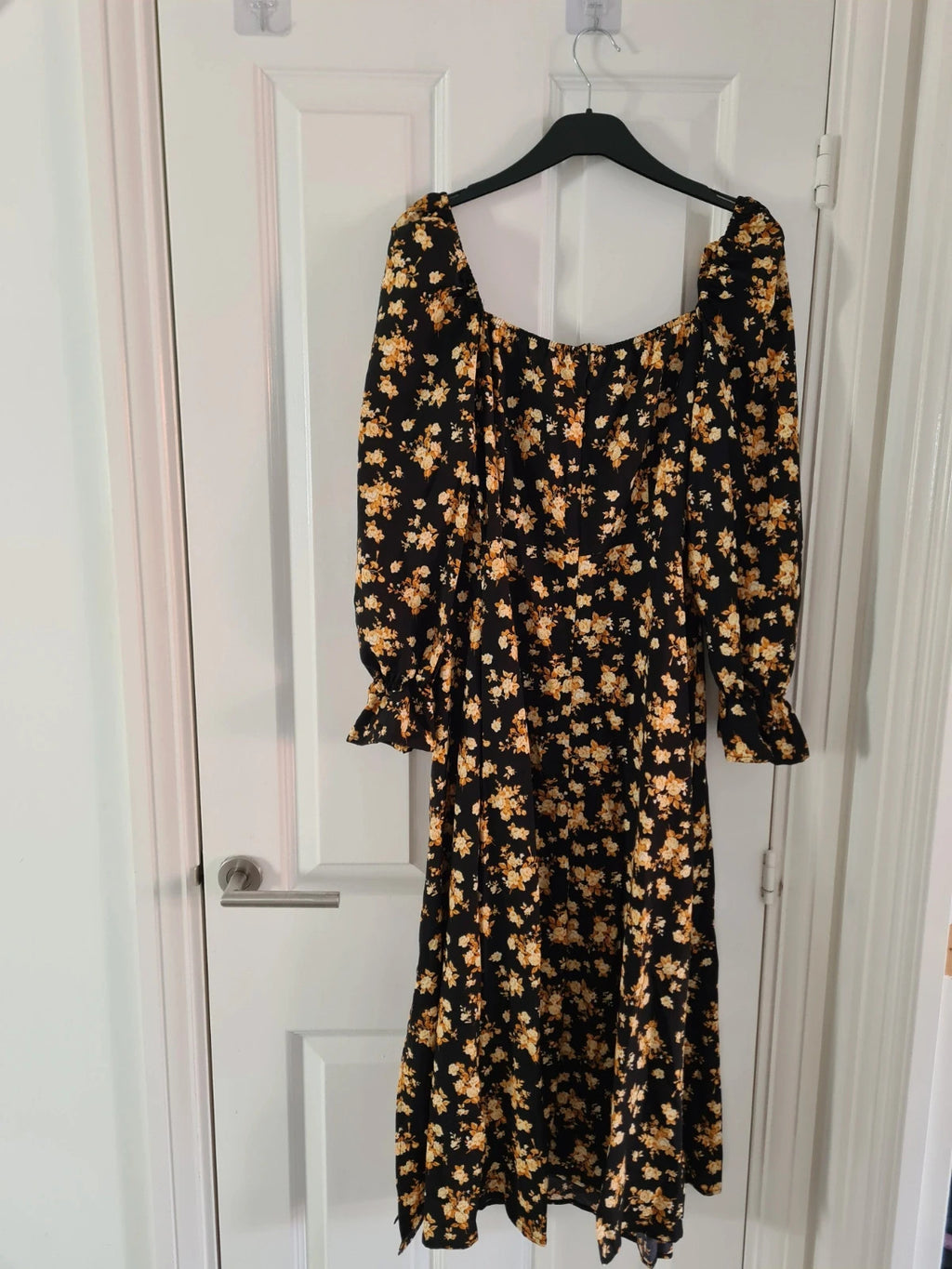 Shein women black floral print midi dress round neck A-line 3/4sleeve zip back casual L/12