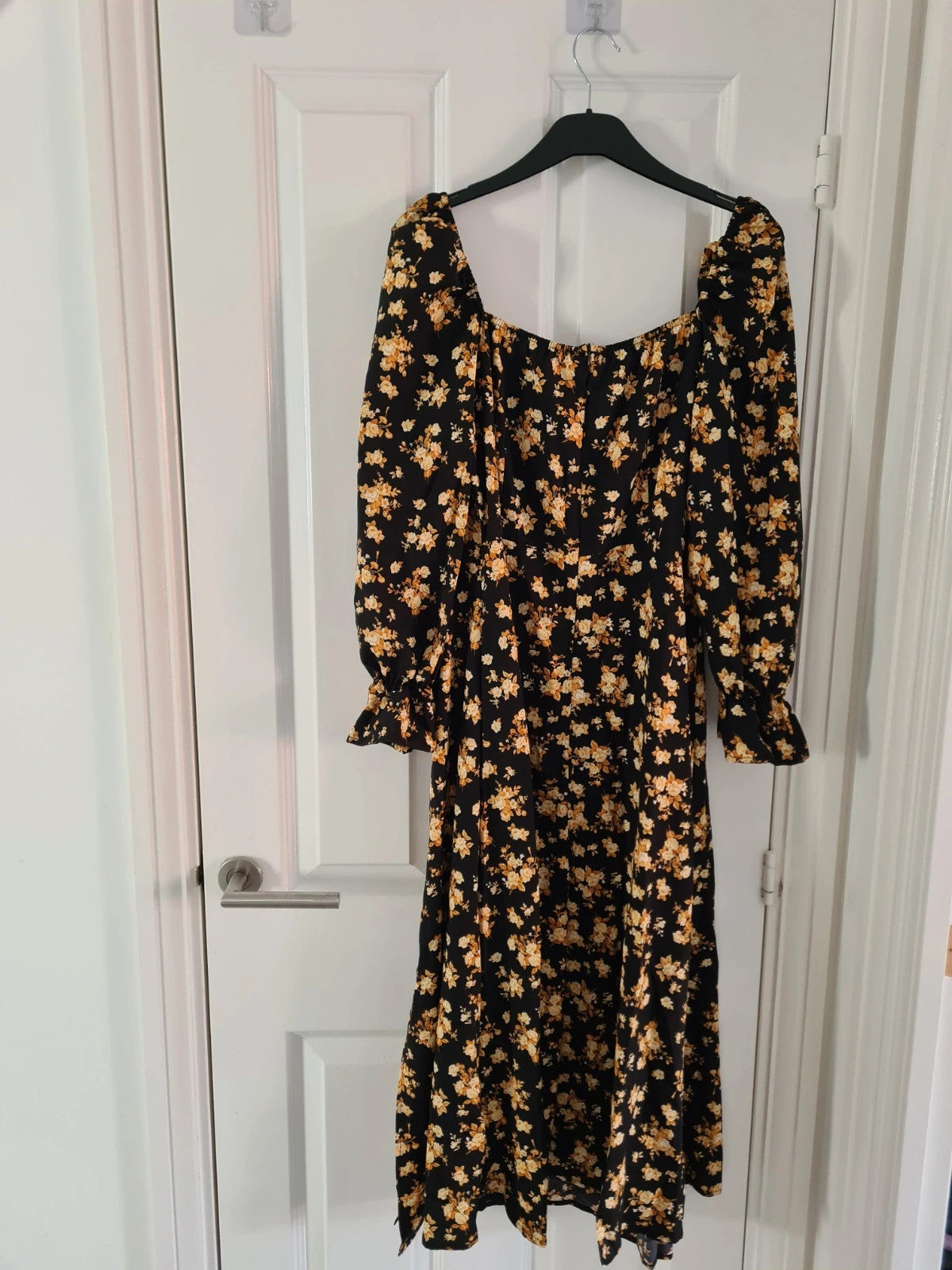 Shein women black floral print midi dress round neck A-line 3/4sleeve zip back casual L/12