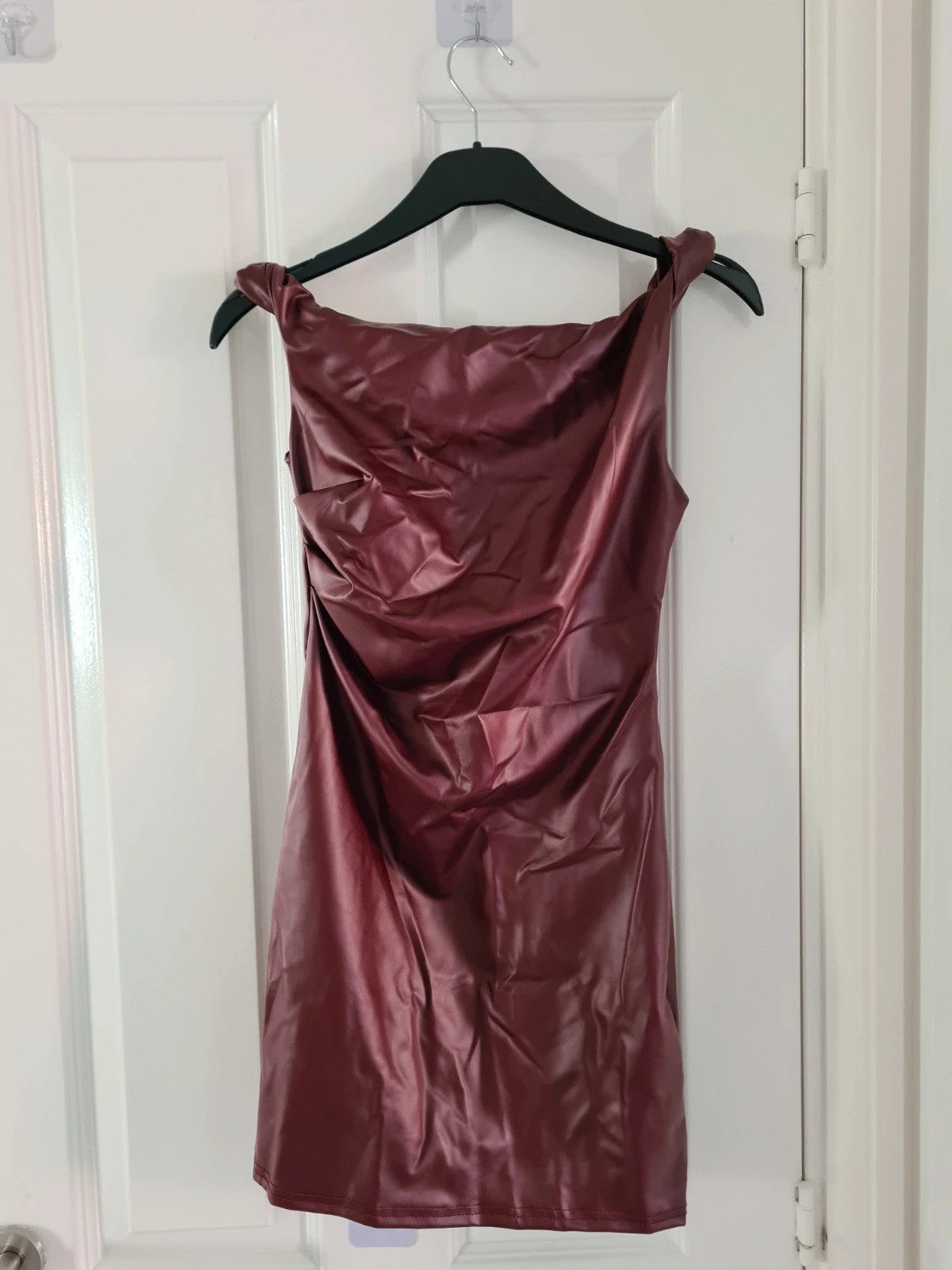 Ego women asymmetric strap ruched mini bodycon dress burgundy faux leather slim fit party XS