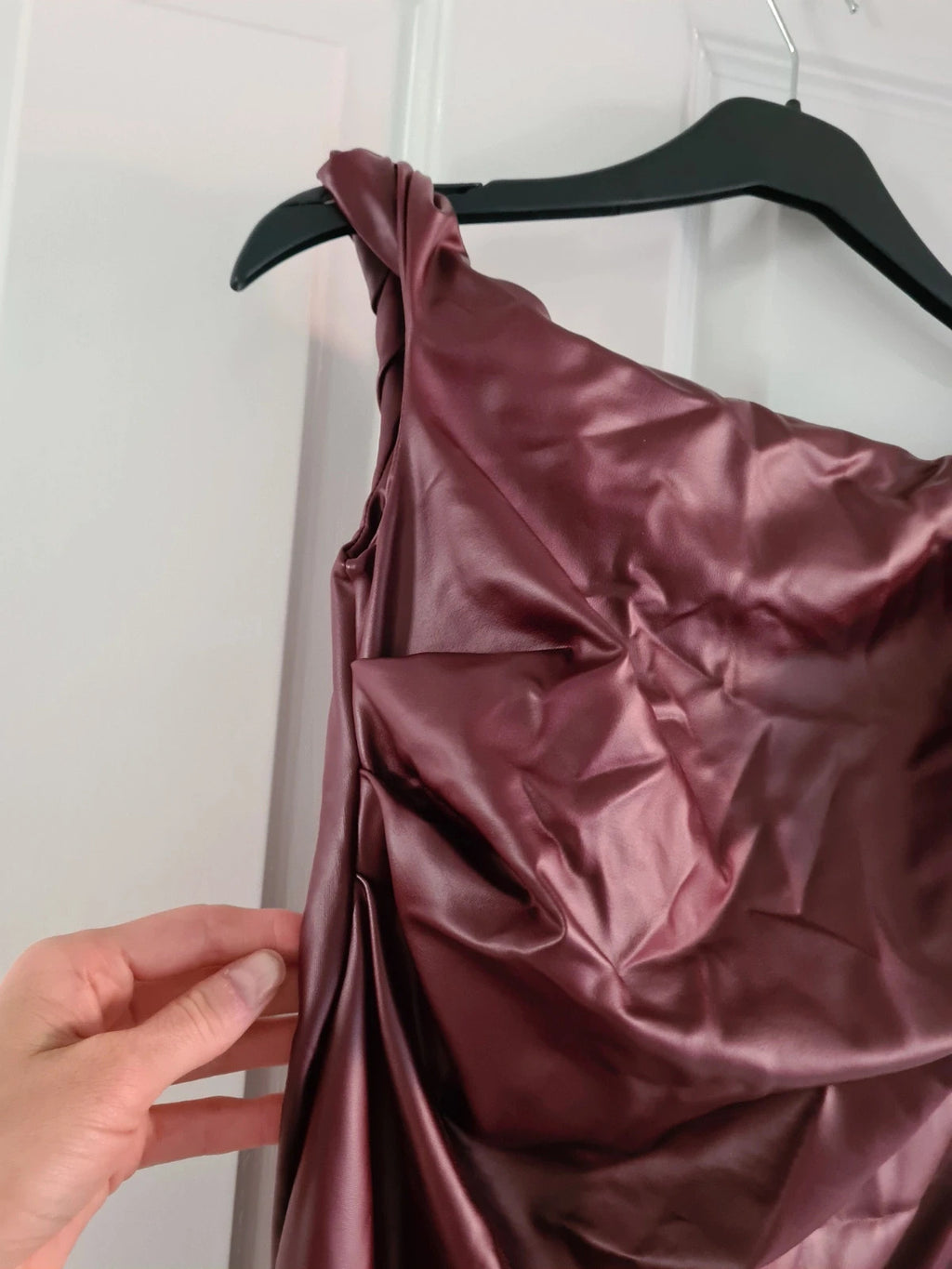 Ego women asymmetric strap ruched mini bodycon dress burgundy faux leather slim fit party XS