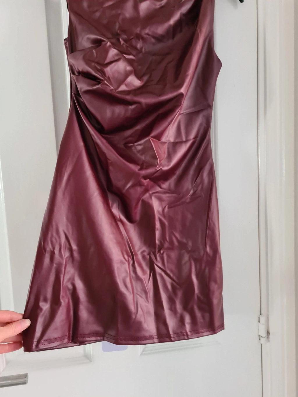 Ego women asymmetric strap ruched mini bodycon dress burgundy faux leather slim fit party XS