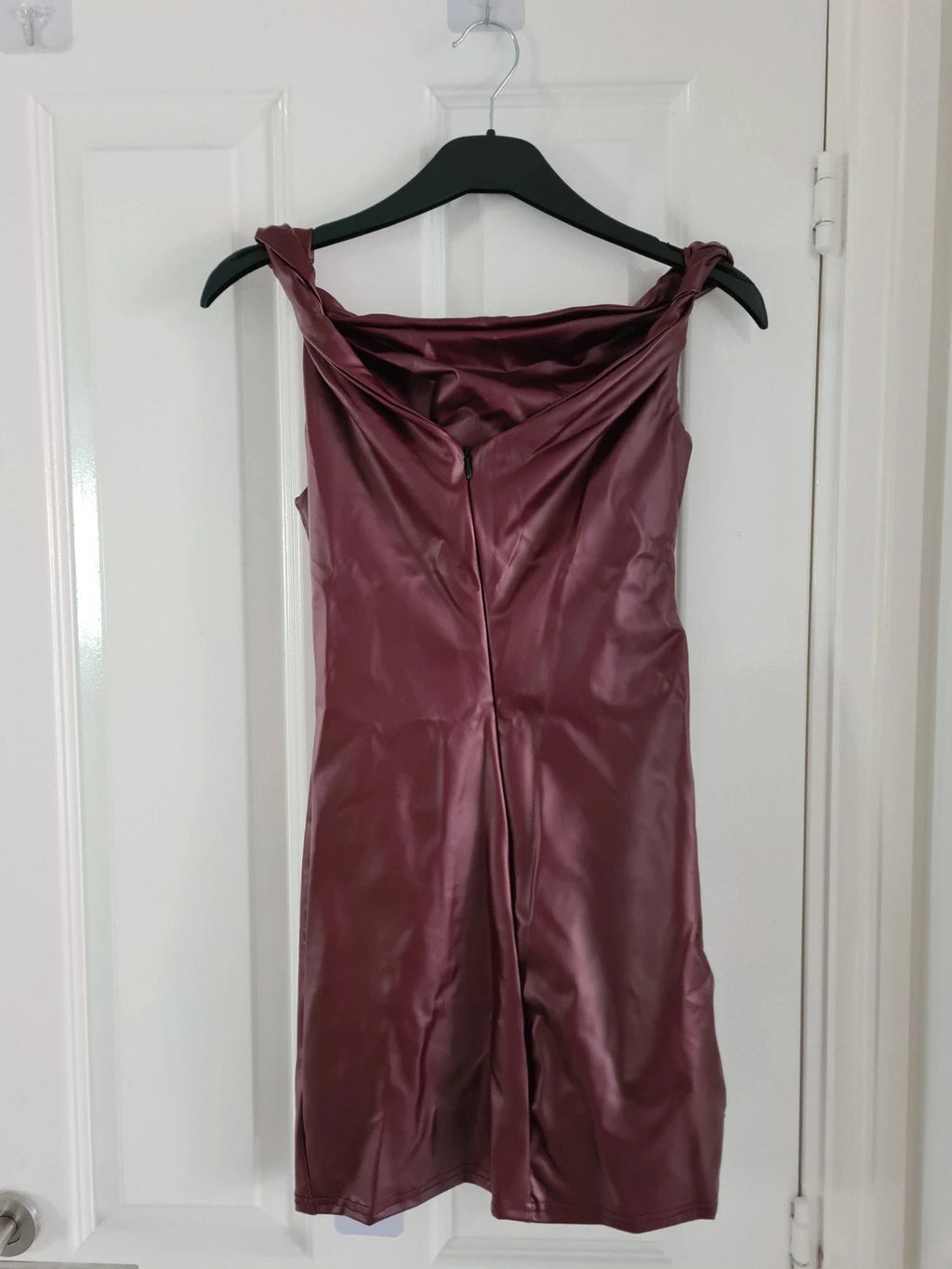 Ego women asymmetric strap ruched mini bodycon dress burgundy faux leather slim fit party XS