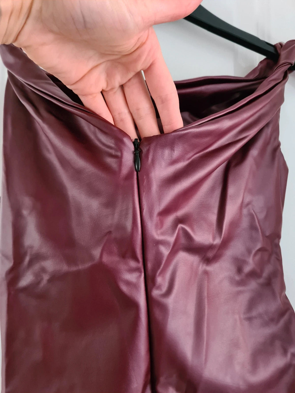 Ego women asymmetric strap ruched mini bodycon dress burgundy faux leather slim fit party XS
