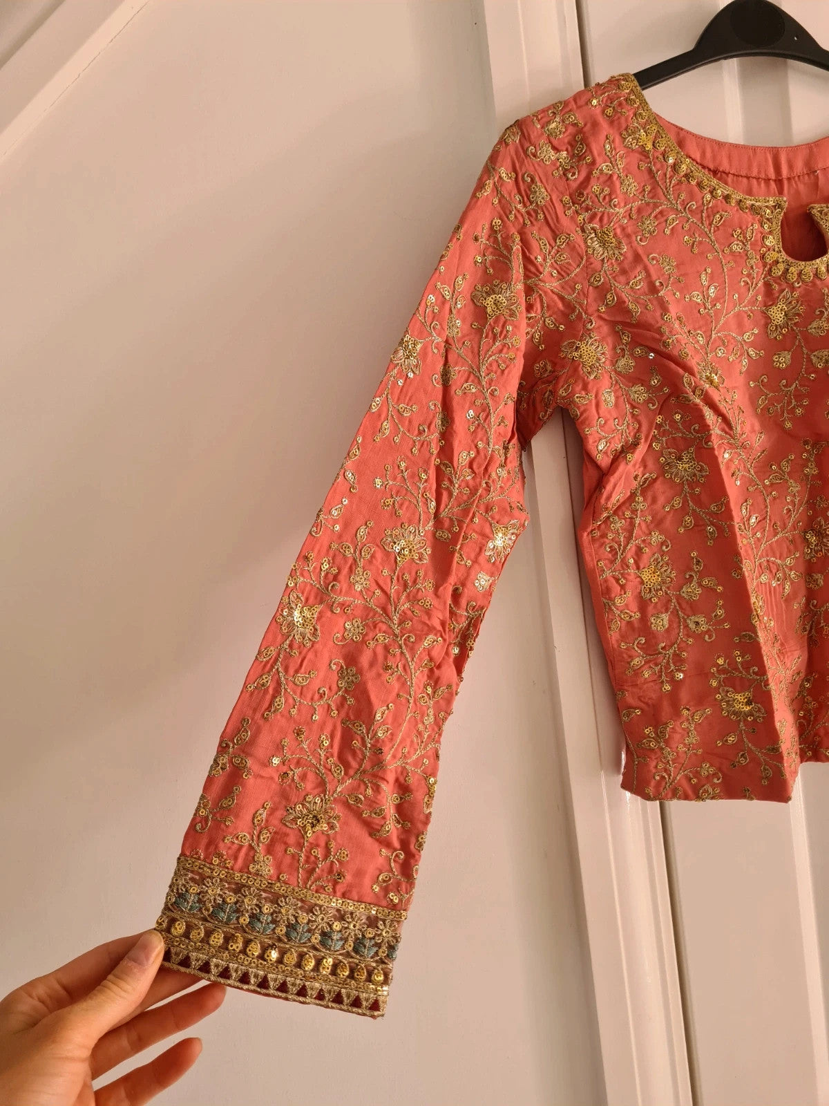 Maria.B.women 3pcs embroidered raw silk suit long sleeve top maxi skirt scarf red/pink S