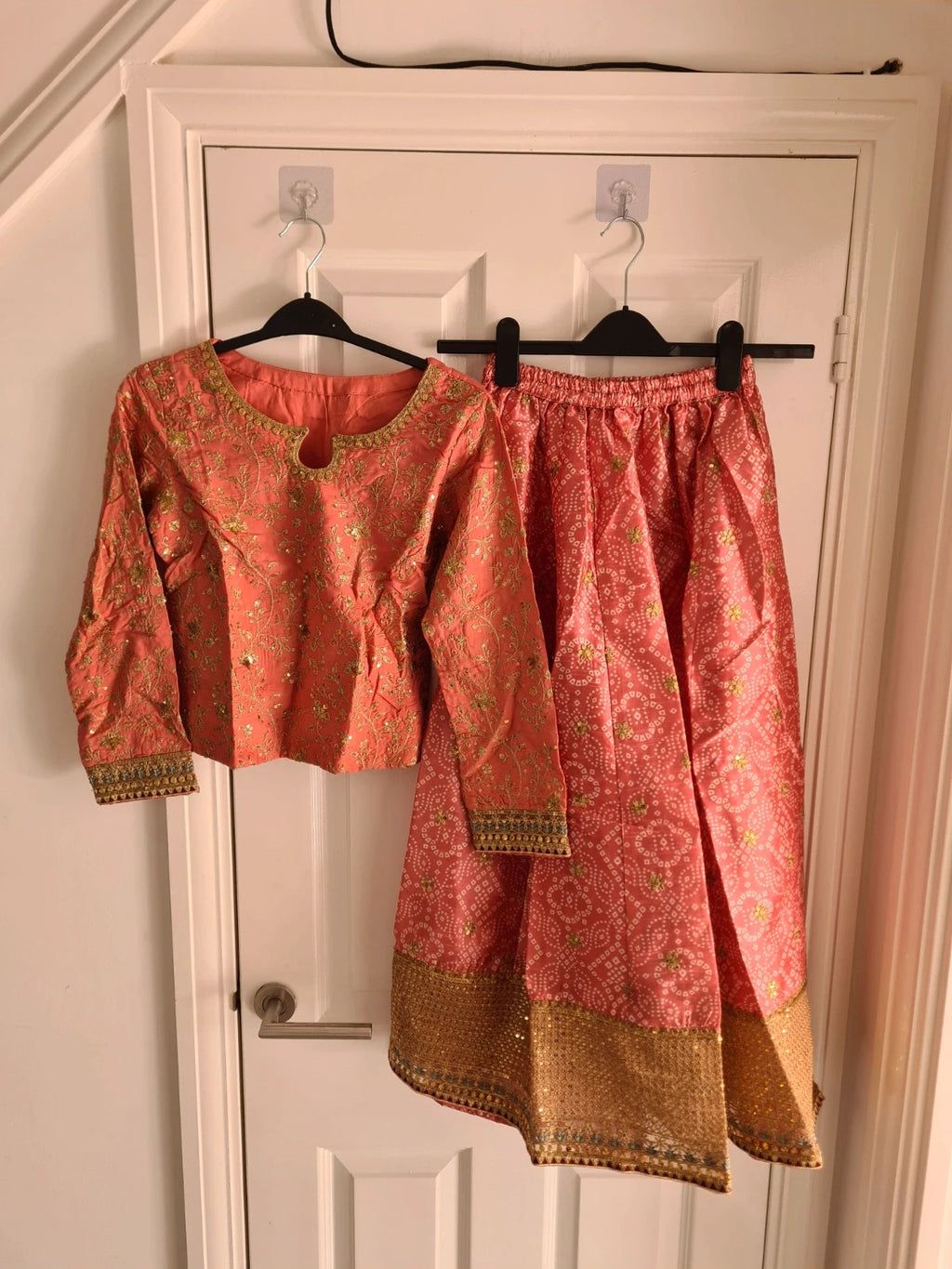 Maria.B.women 3pcs embroidered raw silk suit long sleeve top maxi skirt scarf red/pink S