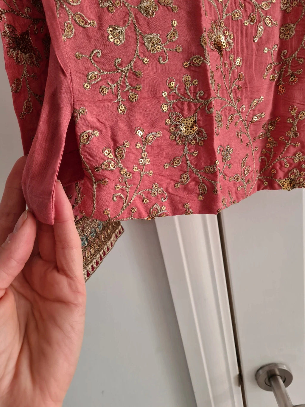 Maria.B.women 3pcs embroidered raw silk suit long sleeve top maxi skirt scarf red/pink S