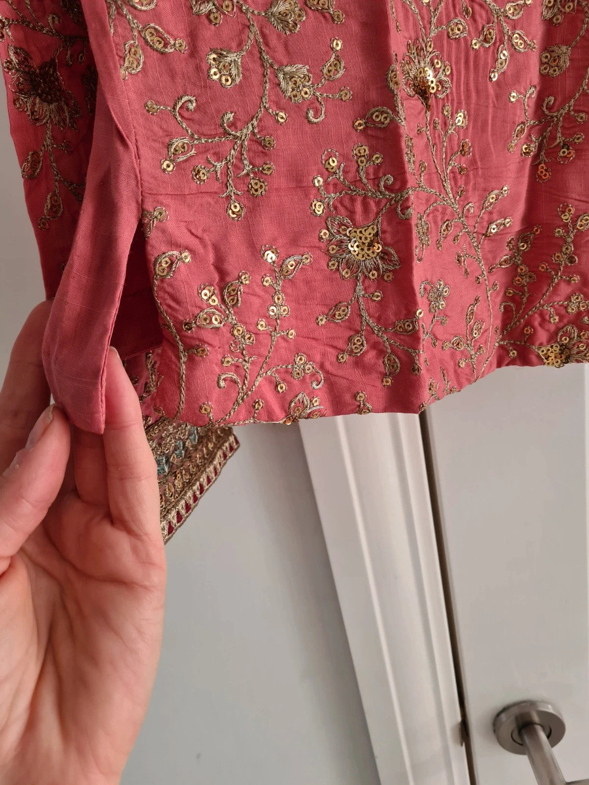 Maria.B.women 3pcs embroidered raw silk suit long sleeve top maxi skirt scarf red/pink S