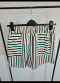 Shein women striped green/cream beach shorts elasticated waistband drawstring pockets casual L/12