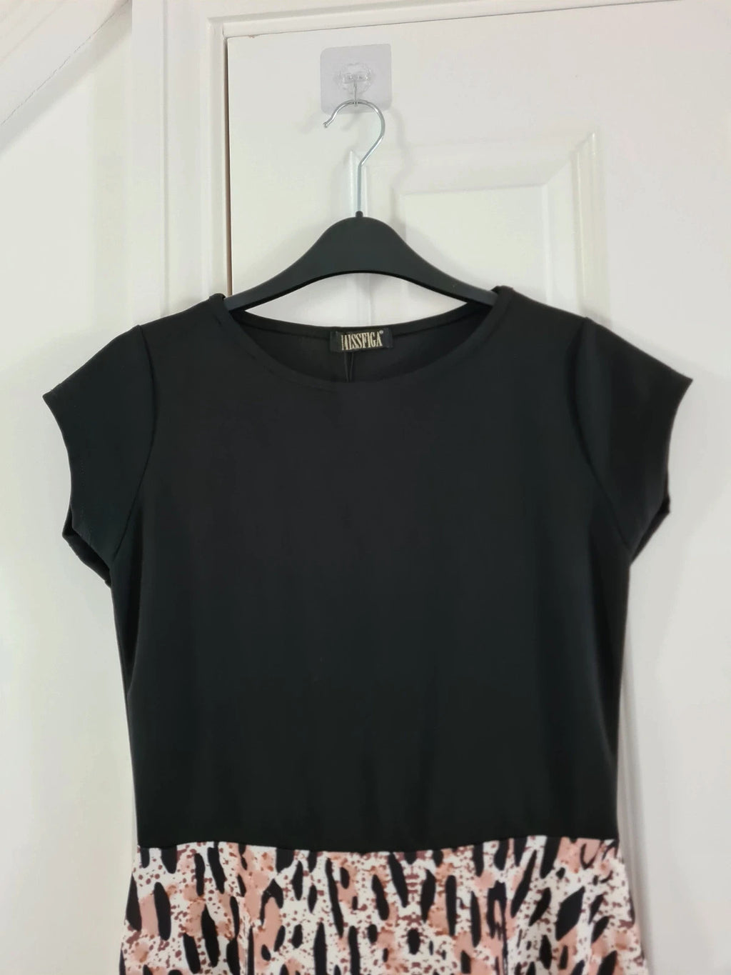 Missfiga women black leopard print short cap sleeve mini skater dress casual L/12