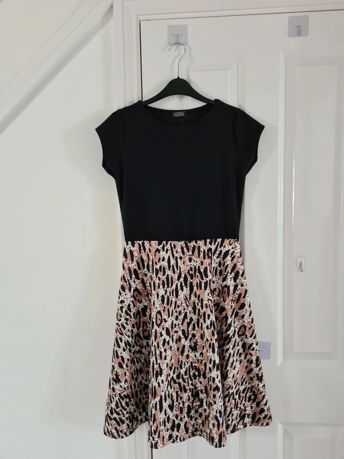 Missfiga women black leopard print short cap sleeve mini skater dress casual L/12