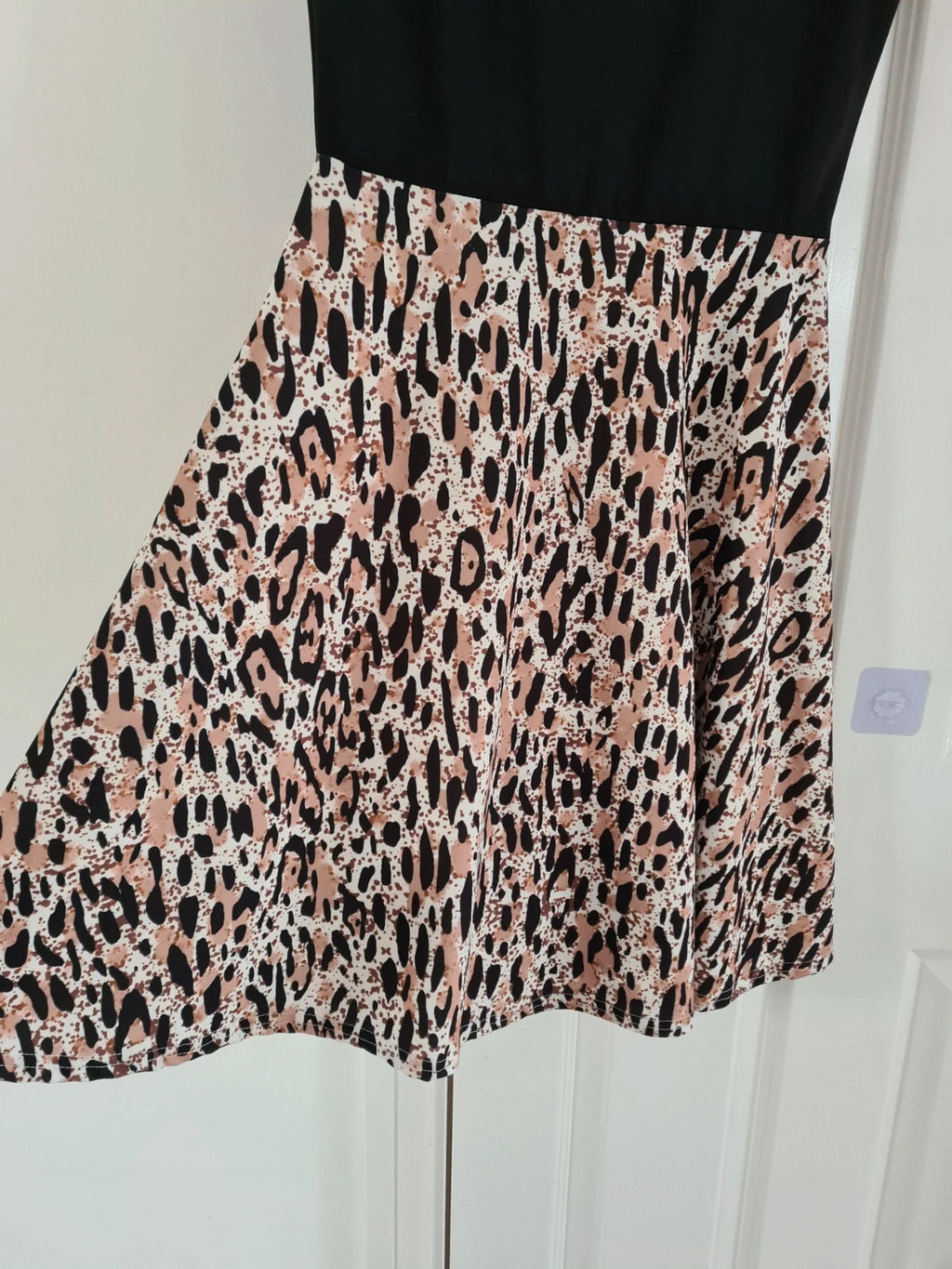 Missfiga women black leopard print short cap sleeve mini skater dress casual L/12