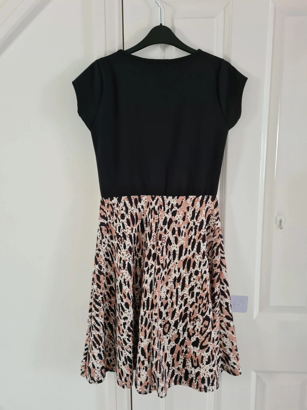 Missfiga women black leopard print short cap sleeve mini skater dress casual L/12