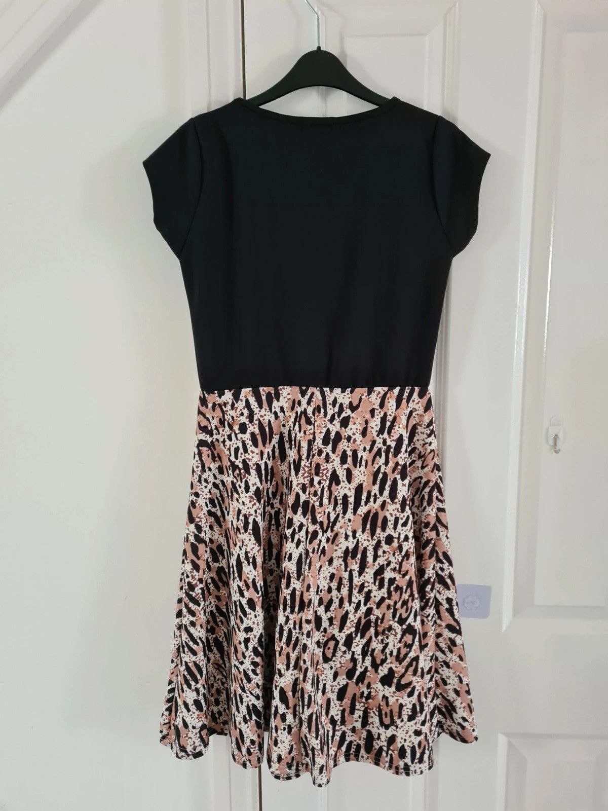 Missfiga women black leopard print short cap sleeve mini skater dress casual L/12