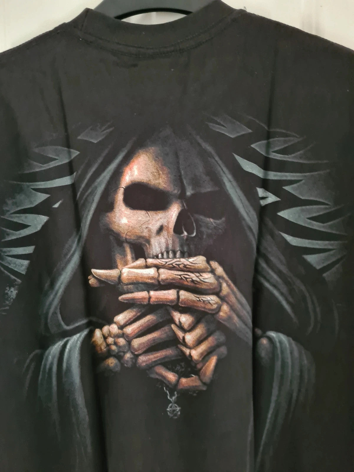 Spiral direct men cotton black bone finger T-shirt double side skulls logo gothic S