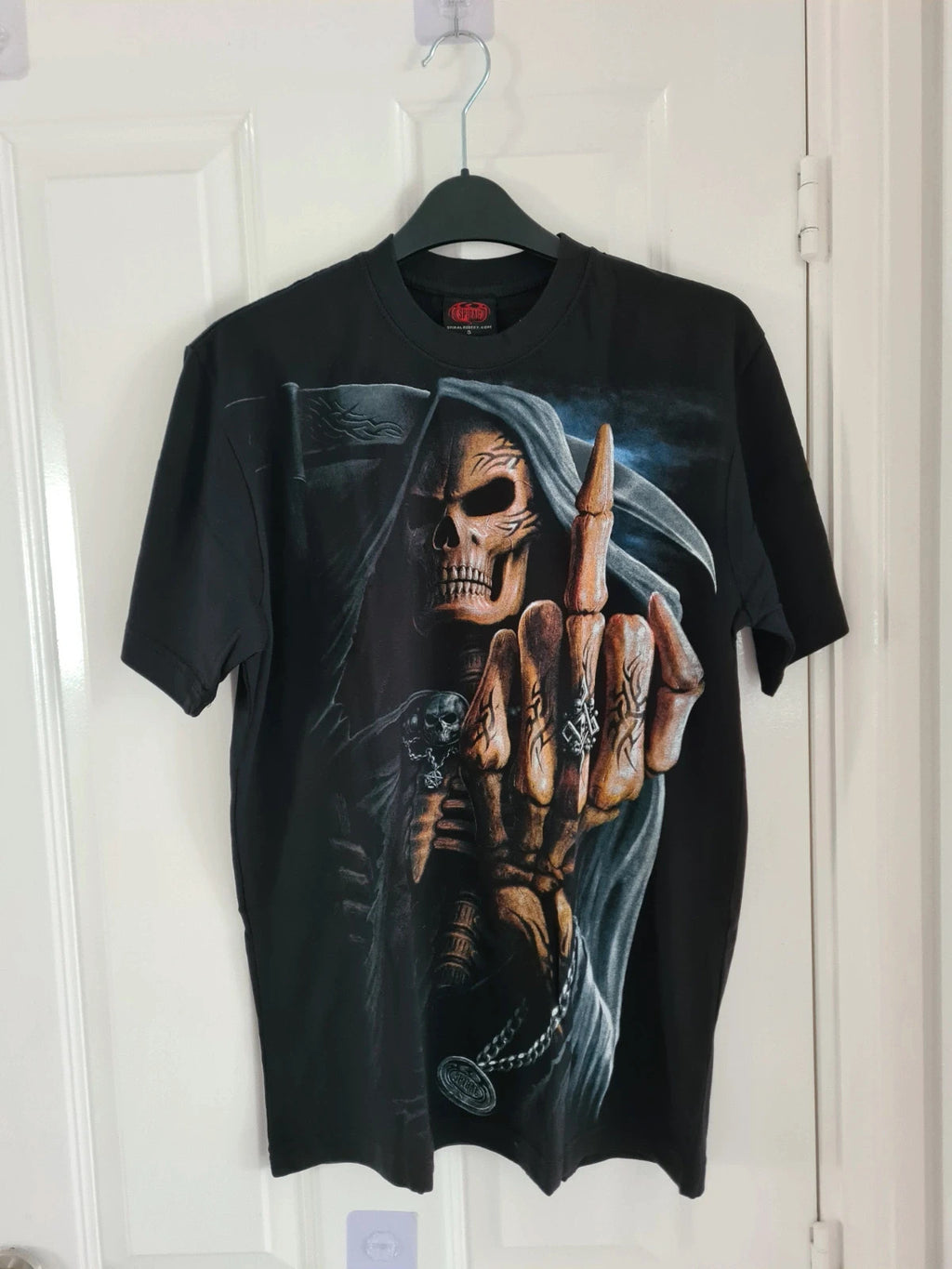 Spiral direct men cotton black bone finger T-shirt double side skulls logo gothic S