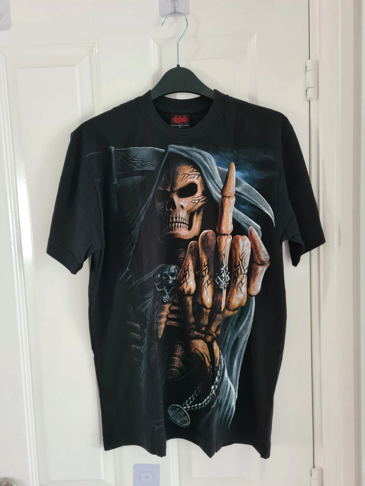 Spiral direct men cotton black bone finger T-shirt double side skulls logo gothic S