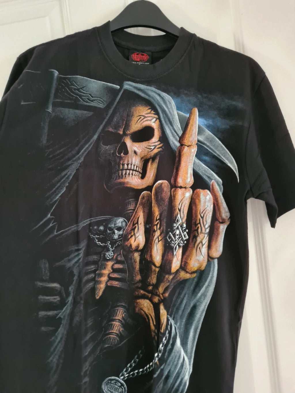 Spiral direct men cotton black bone finger T-shirt double side skulls logo gothic S