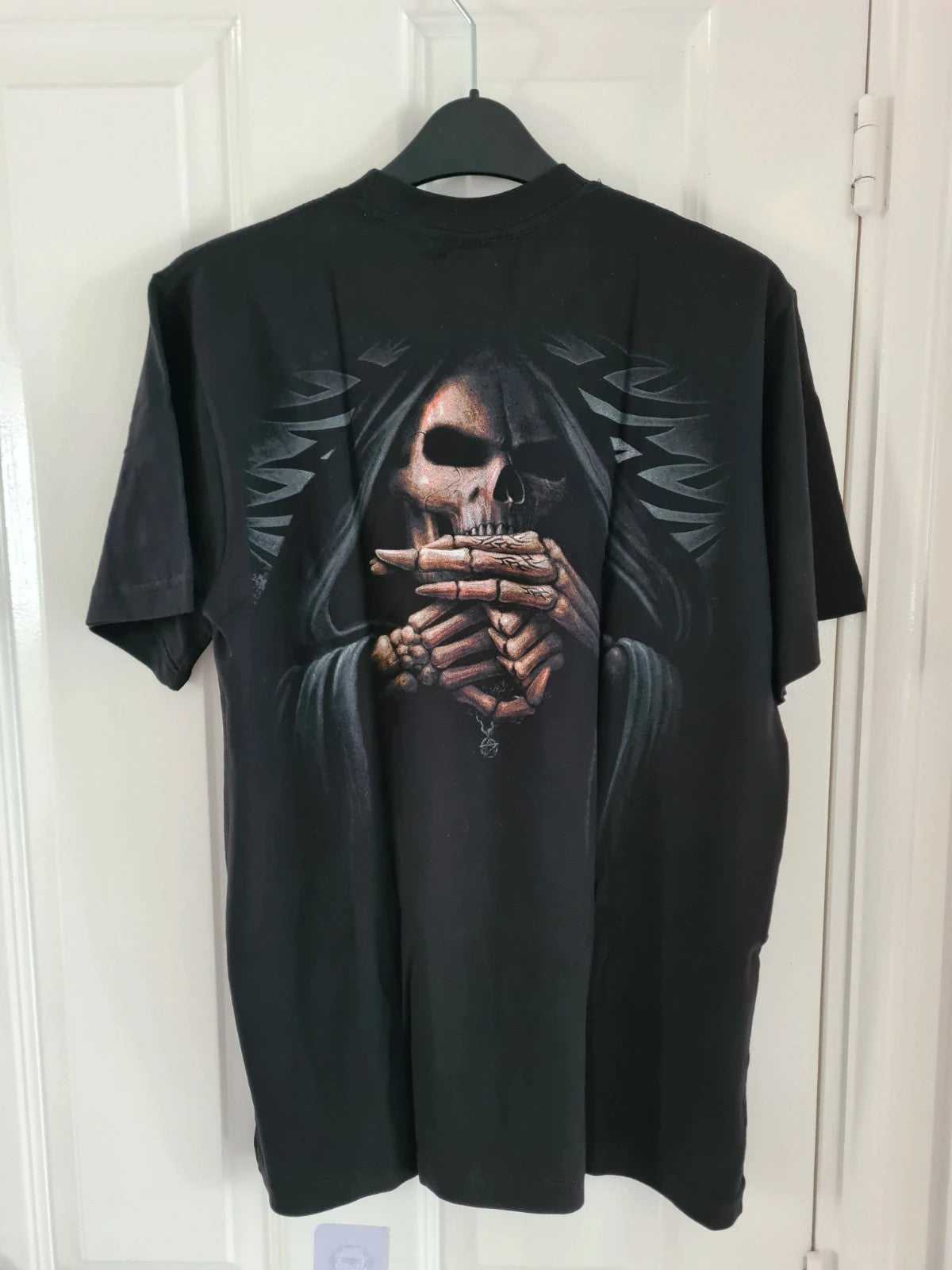 Spiral direct men cotton black bone finger T-shirt double side skulls logo gothic S