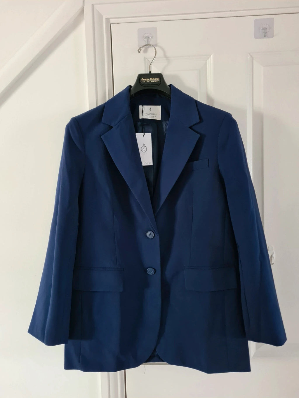 Stradivarius women navy oversized blazer stretch plain suit jacket buttons casual XS