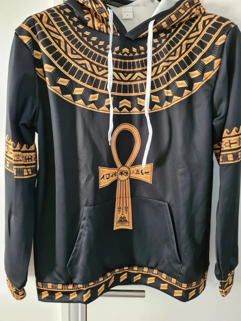 Men's black/gold hoodie African/Egyptian style pattern kangaroo pocket casual L