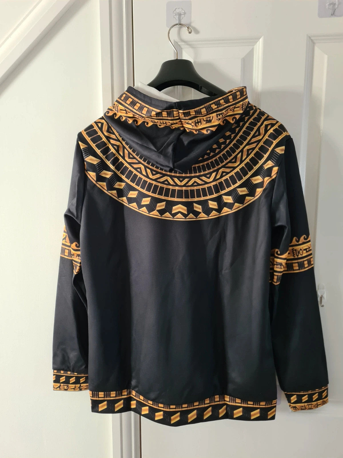 Men's black/gold hoodie African/Egyptian style pattern kangaroo pocket casual L