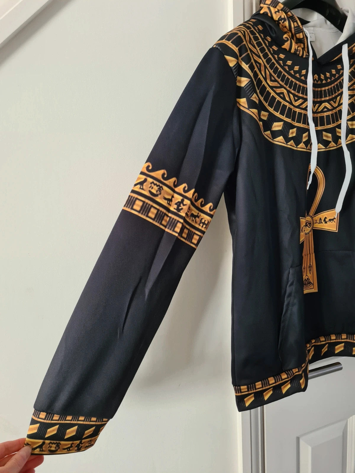 Men's black/gold hoodie African/Egyptian style pattern kangaroo pocket casual L