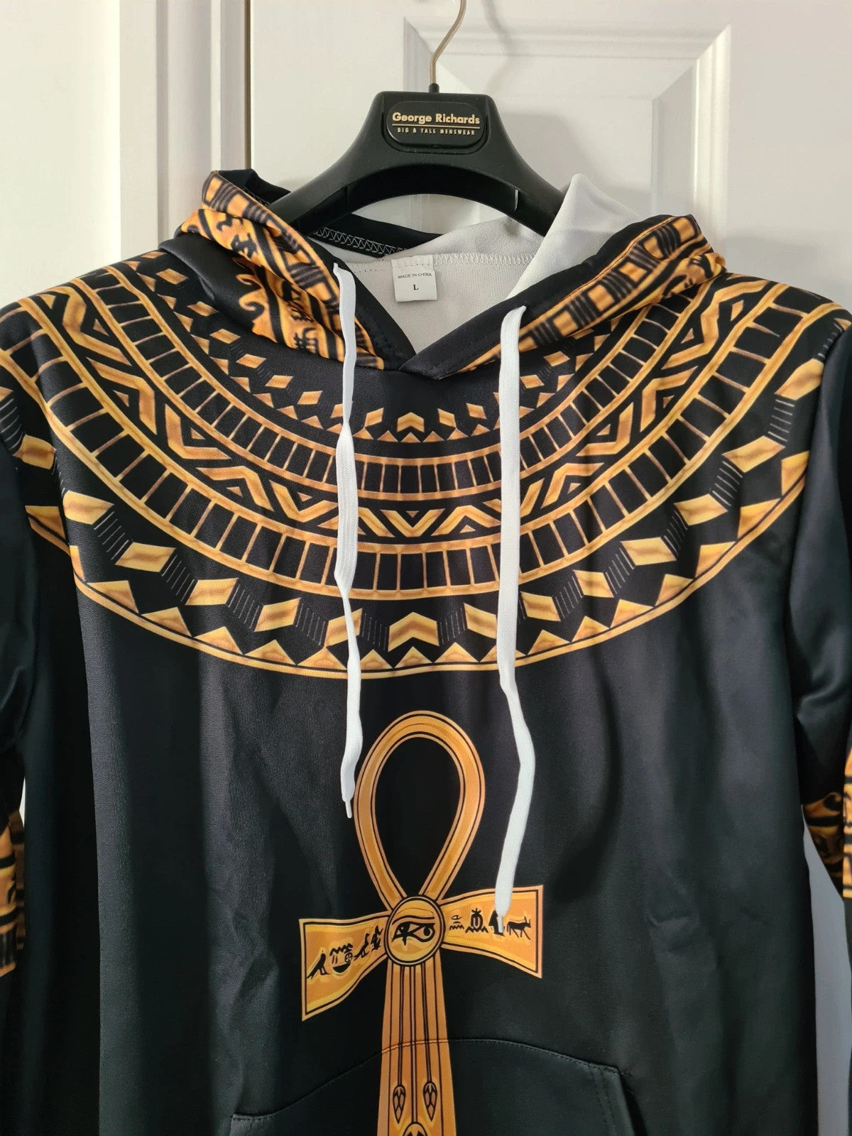 Men's black/gold hoodie African/Egyptian style pattern kangaroo pocket casual L