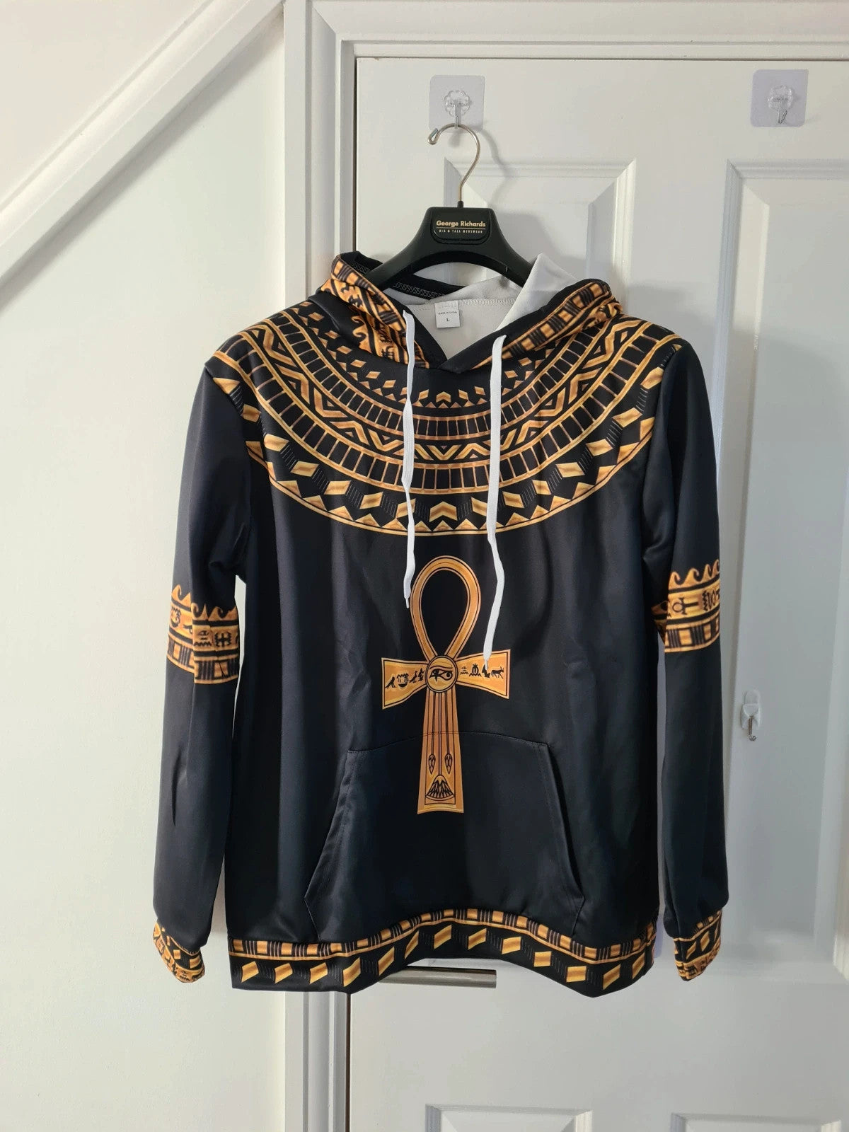 Men's black/gold hoodie African/Egyptian style pattern kangaroo pocket casual L
