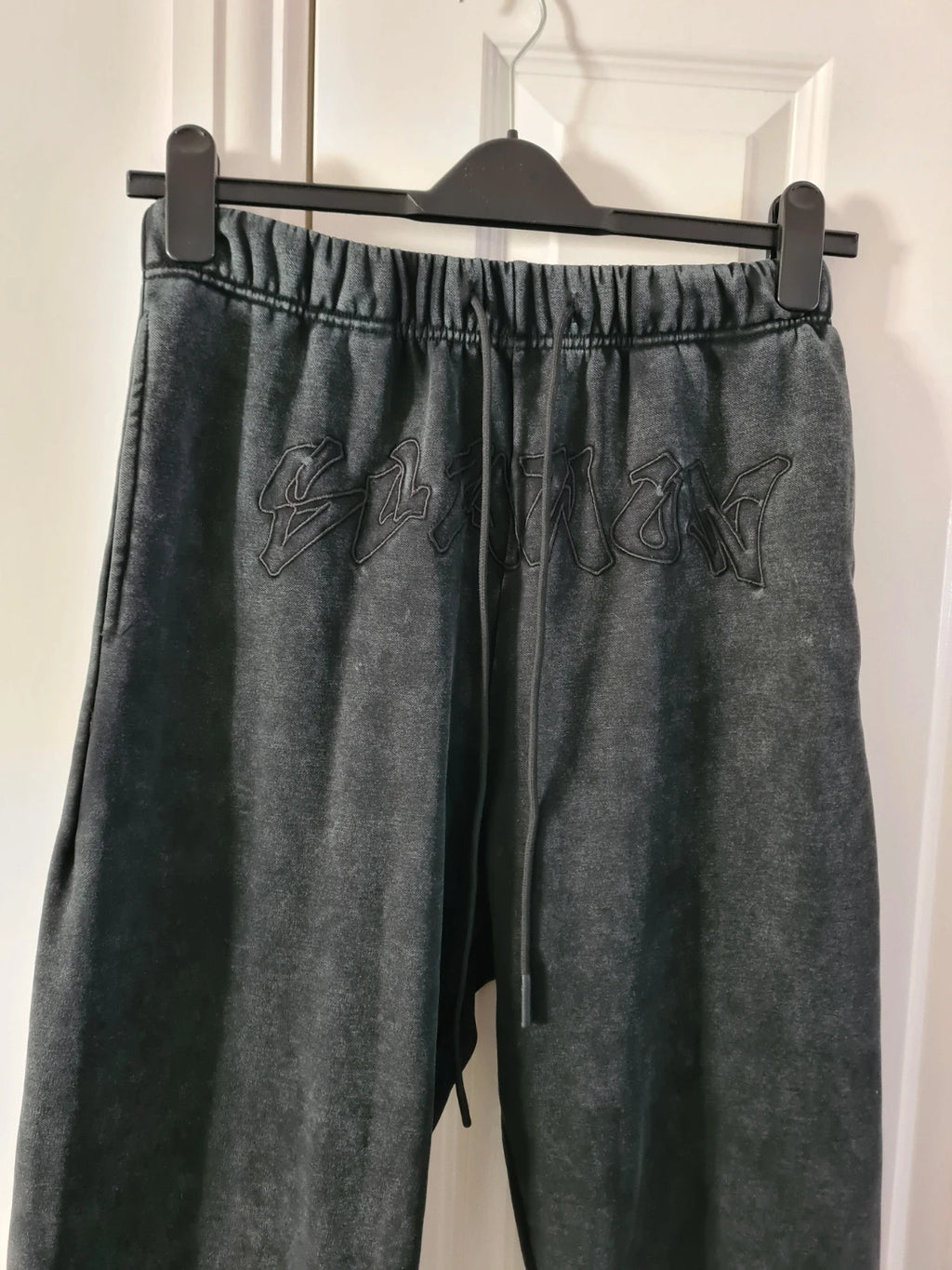 Sumwon men athletic washed black sweatpants straight leg cotton blend warm fleece joggers XS/S