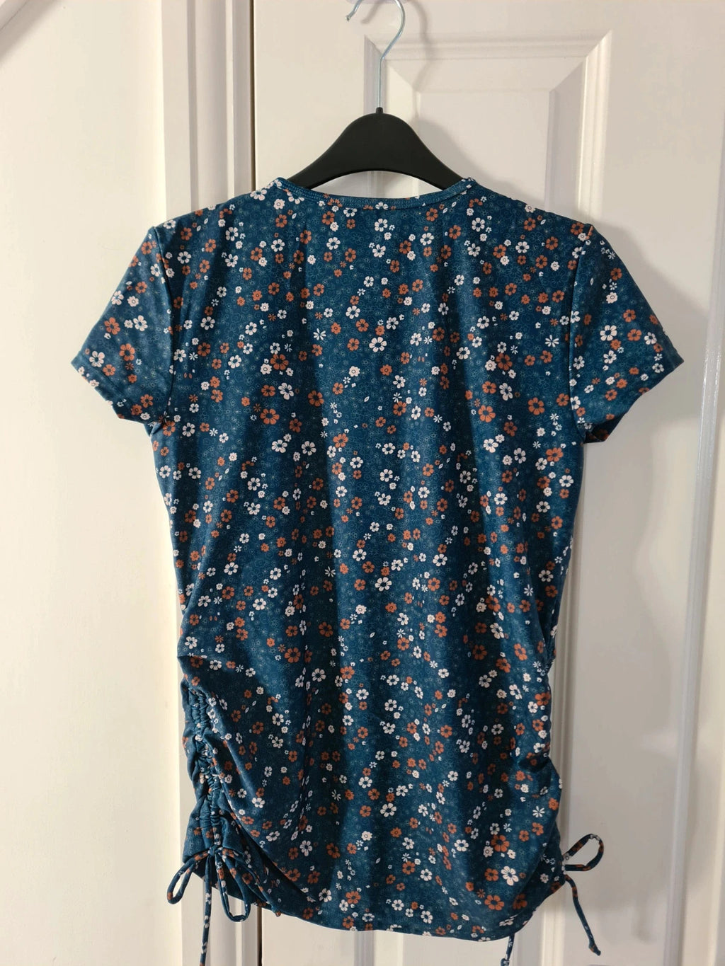 Shein women swimsuit short sleeve half zip top ruched on the side push-up bra blue floral print M/L