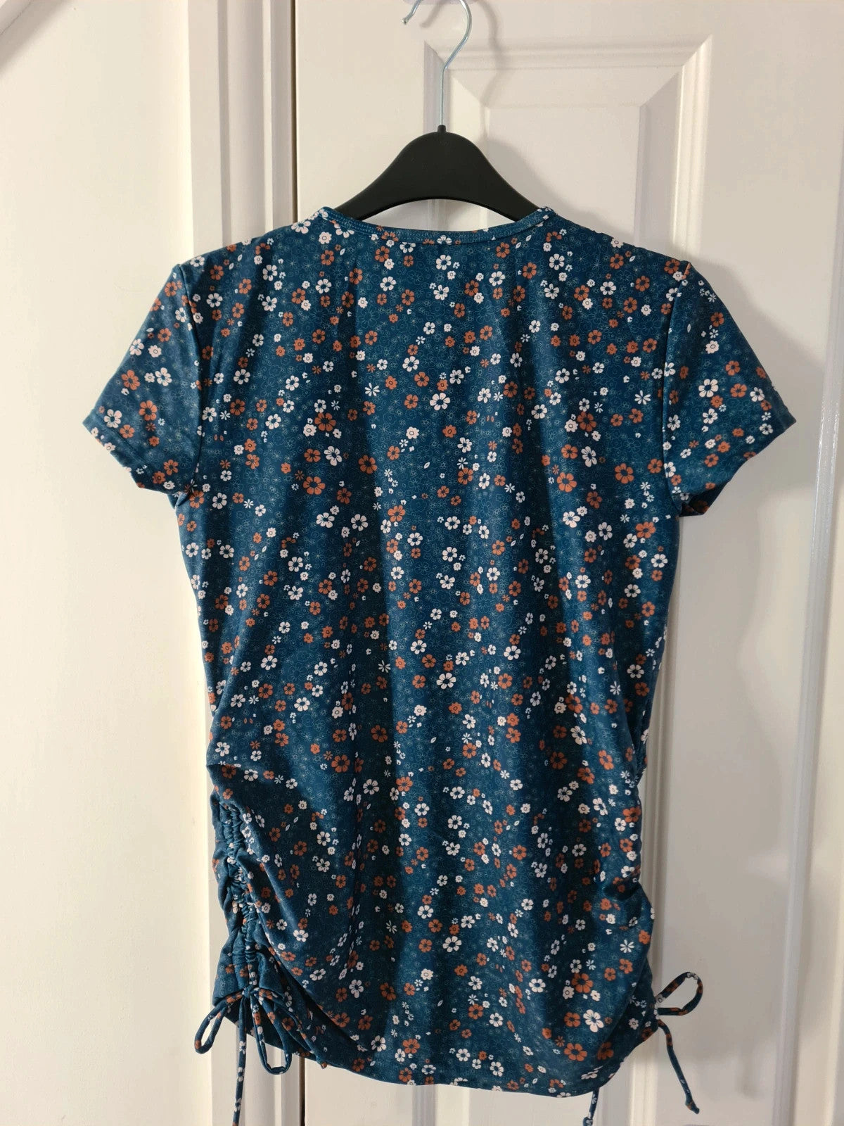 Shein women swimsuit short sleeve half zip top ruched on the side push-up bra blue floral print M/L