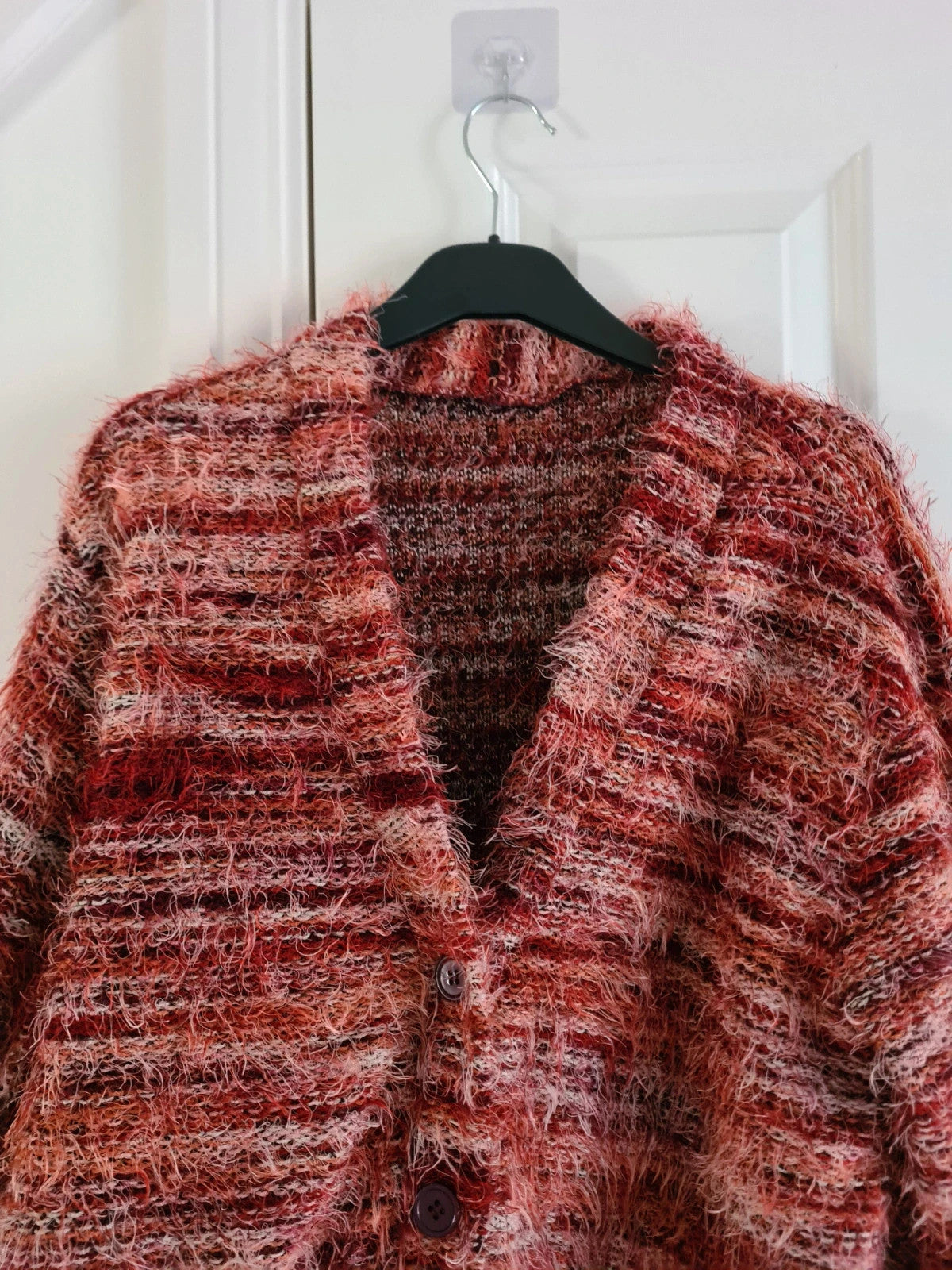 Shein women fuzzy button down chunky cardigan deep V-neck drop shoulder red casual M/10