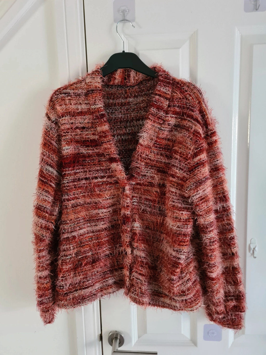 Shein women fuzzy button down chunky cardigan deep V-neck drop shoulder red casual M/10