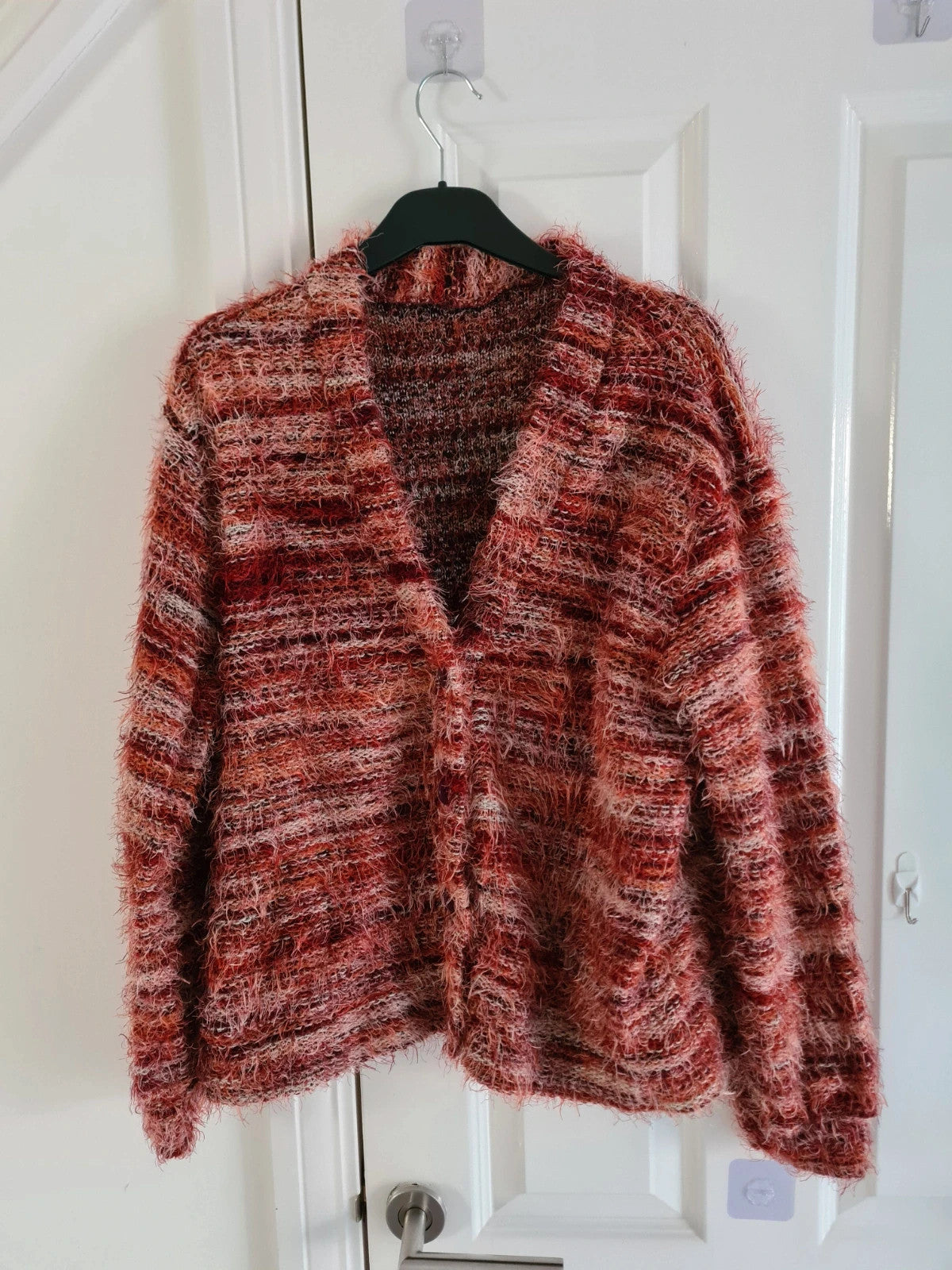 Shein women fuzzy button down chunky cardigan deep V-neck drop shoulder red casual M/10