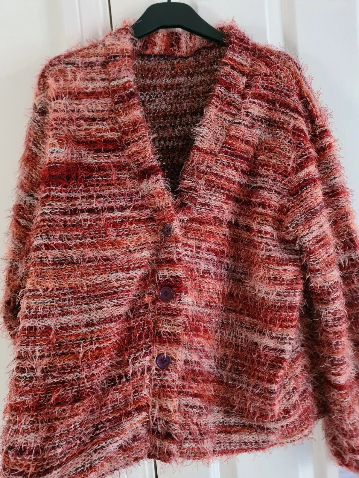 Shein women fuzzy button down chunky cardigan deep V-neck drop shoulder red casual M/10