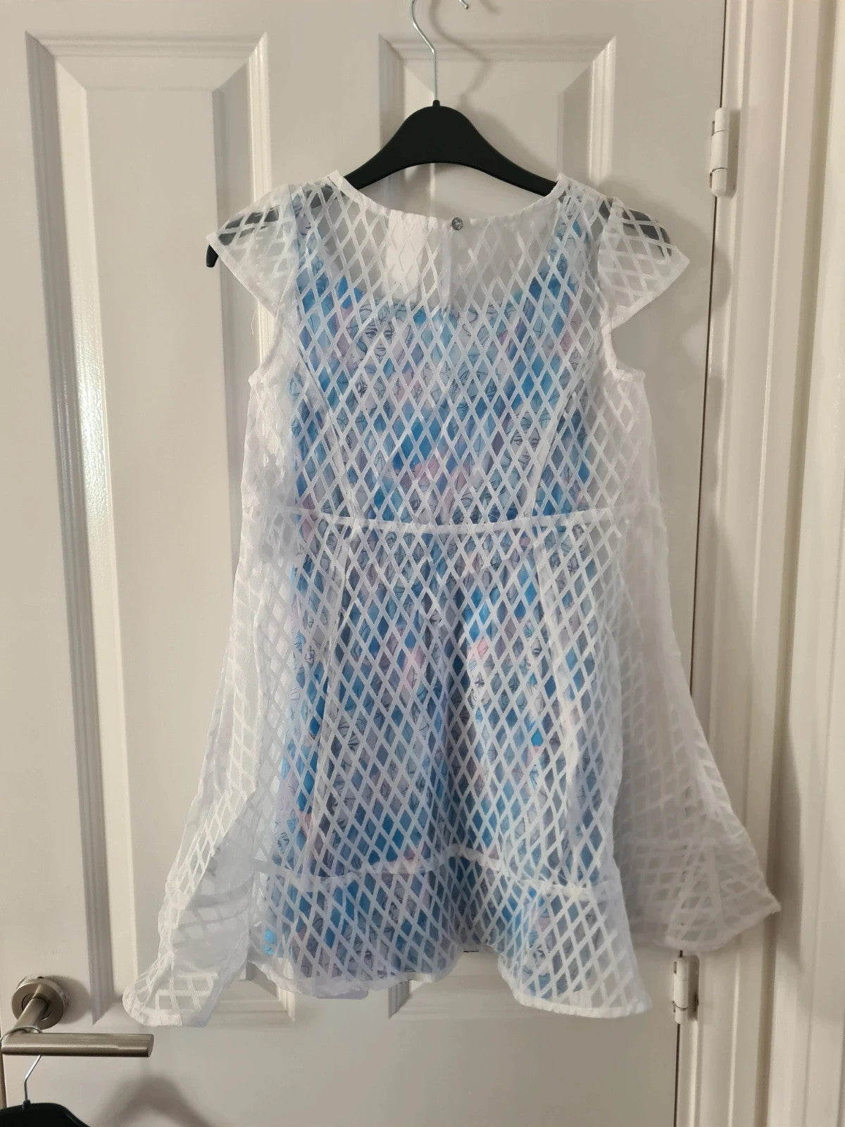 Disney kids girls 7/8y blue/white Frozen Elsa Anna short dress 2pcs diamond pattern kids costume