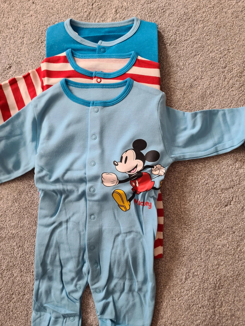 Disney baby unisex 6/9m blue/red long sleeve sleepsuit/bodysuit 3pack mickey mouse pattern