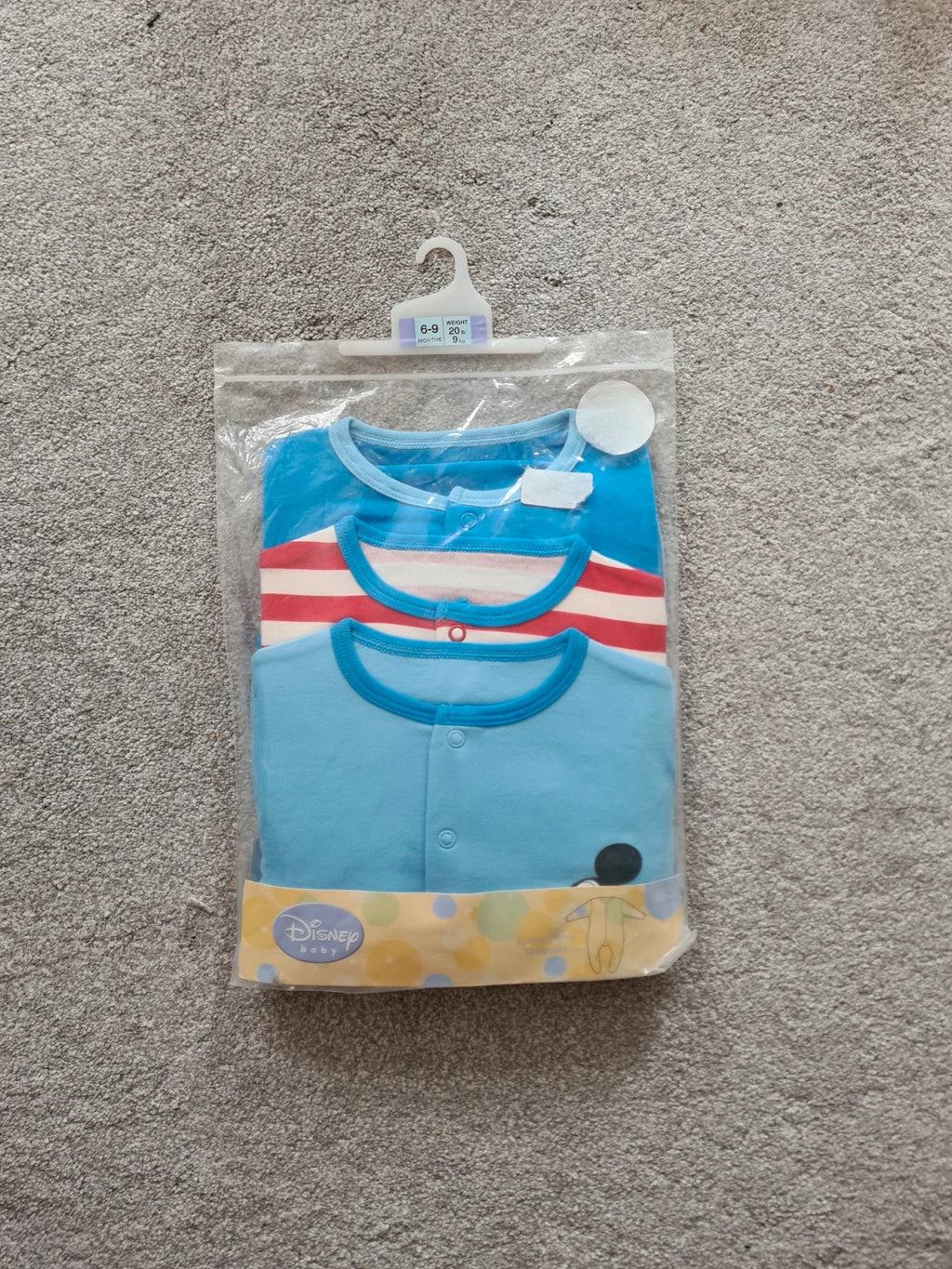 Disney baby unisex 6/9m blue/red long sleeve sleepsuit/bodysuit 3pack mickey mouse pattern
