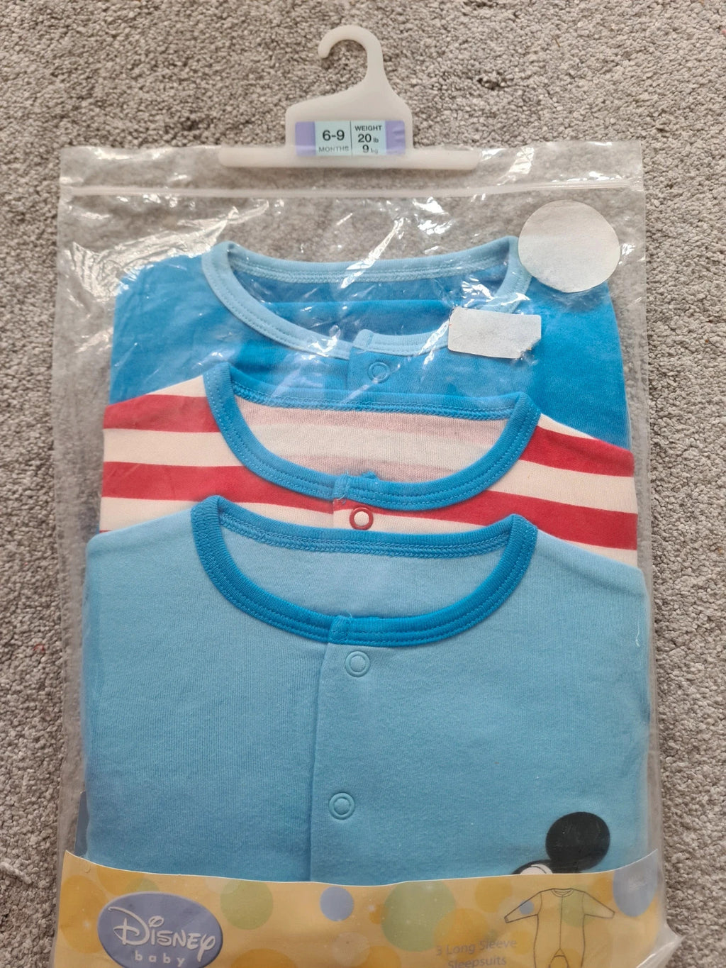 Disney baby unisex 6/9m blue/red long sleeve sleepsuit/bodysuit 3pack mickey mouse pattern