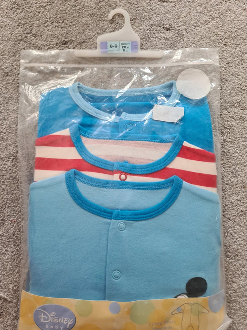 Disney baby unisex 6/9m blue/red long sleeve sleepsuit/bodysuit 3pack mickey mouse pattern
